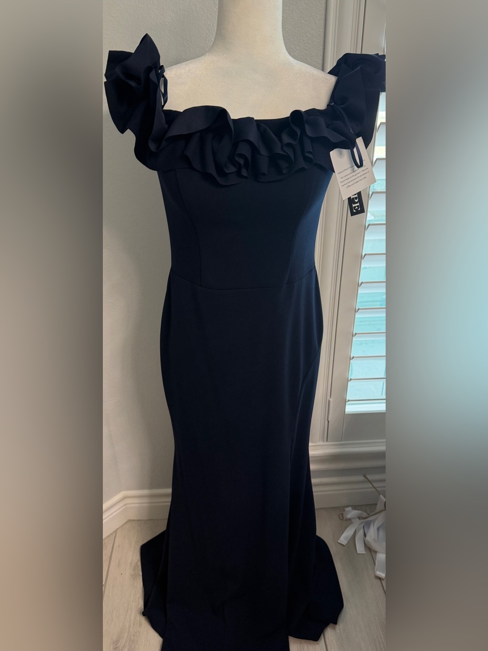 NWT Xscape women’s size 8 Navy Off-Shoulder Ruffle Sheath Dress